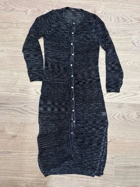 Long Button-Front Knit Duster in Black/White